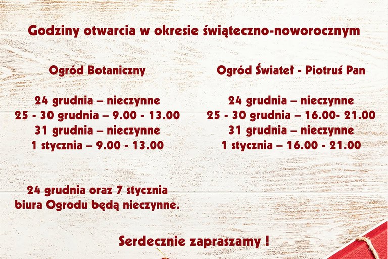 Opening hours of the Garden during the Christmas and New Year period